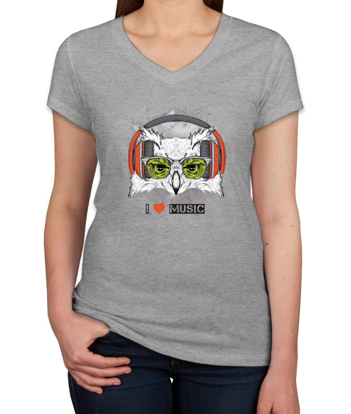 I Love Music Owl With Headphones Women's V Neck T-shirt