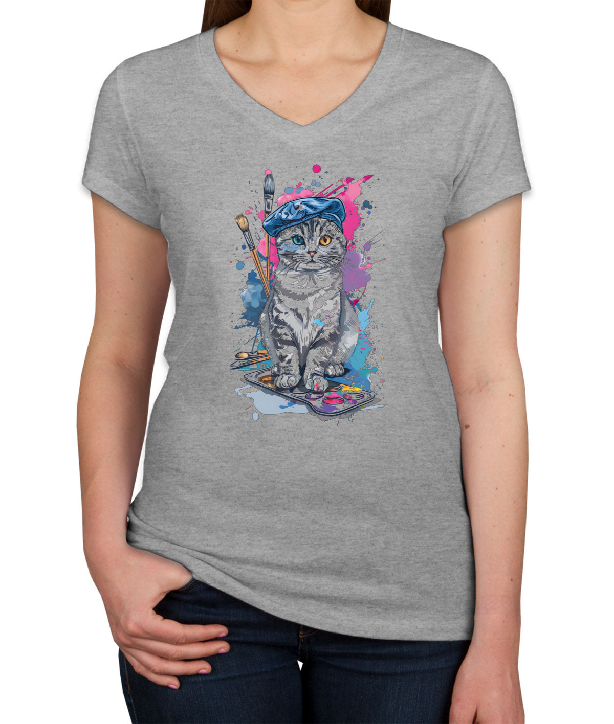 Painter Artist Cat Women's V Neck T-shirt