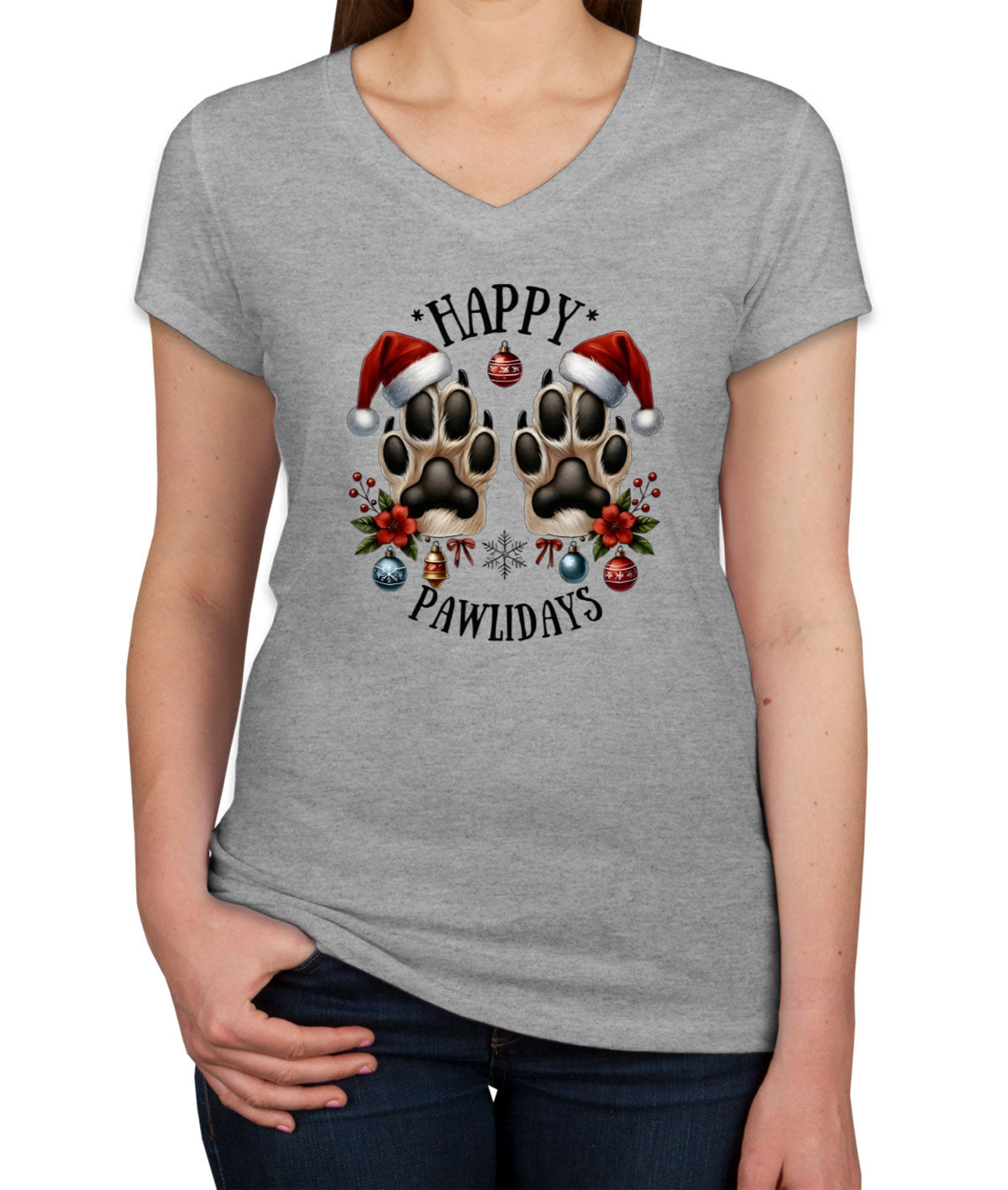 Happy Pawlidays Christmas Women's V Neck T-shirt