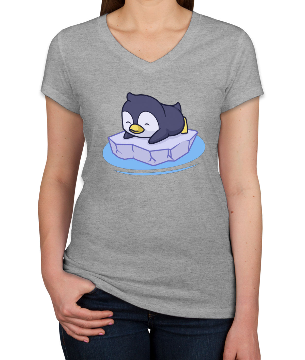 Penguin On Ice Block Women's V Neck T-shirt