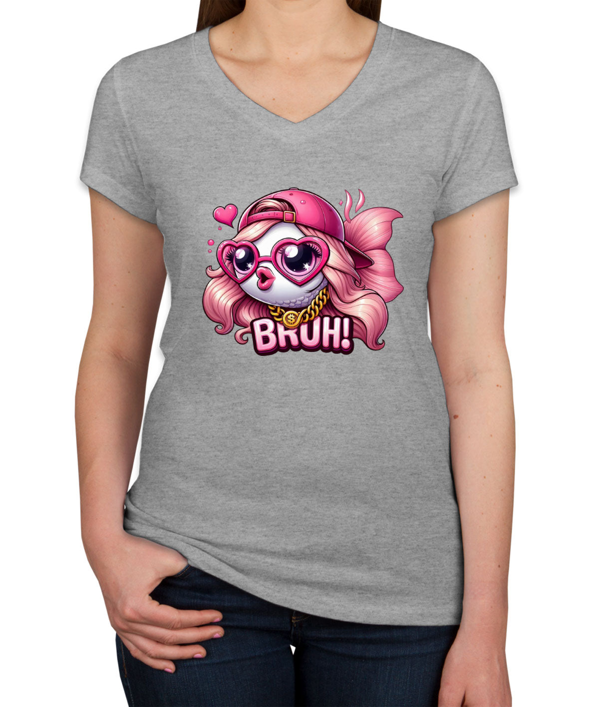 Pink Bass Fishing Women's V Neck T-shirt