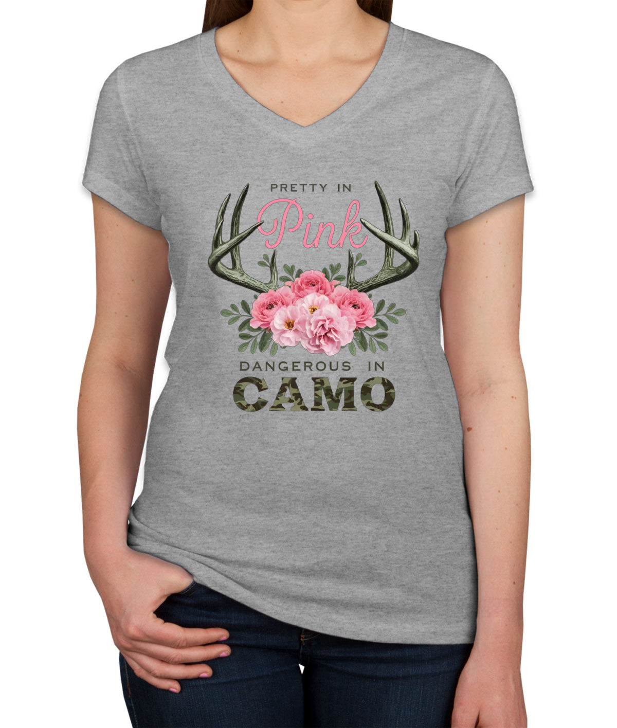 Pretty In Pink Dangerous In Camo Hunting Women's V Neck T-shirt