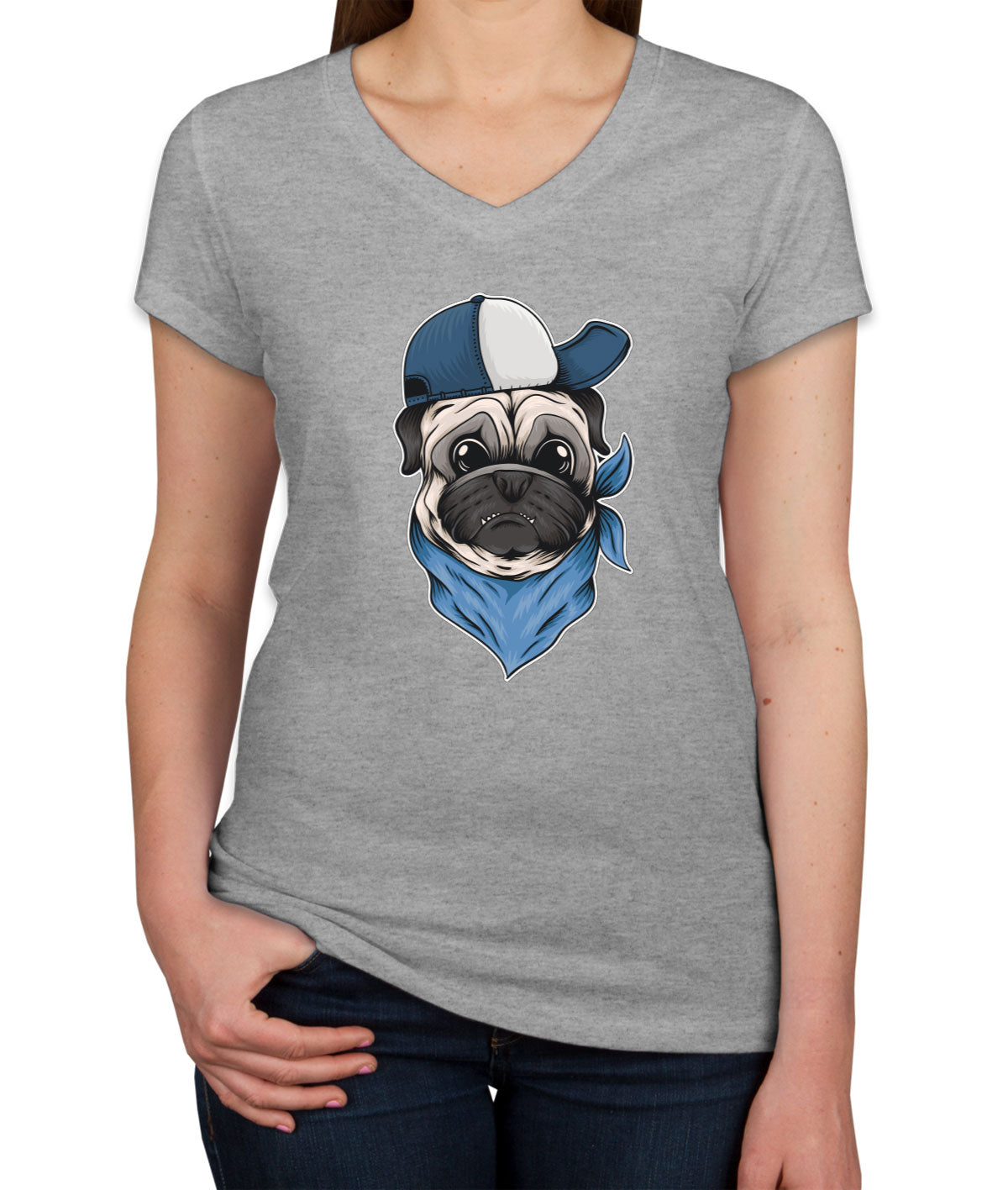 Pug Dog With Hat And Bandana Women's V Neck T-shirt