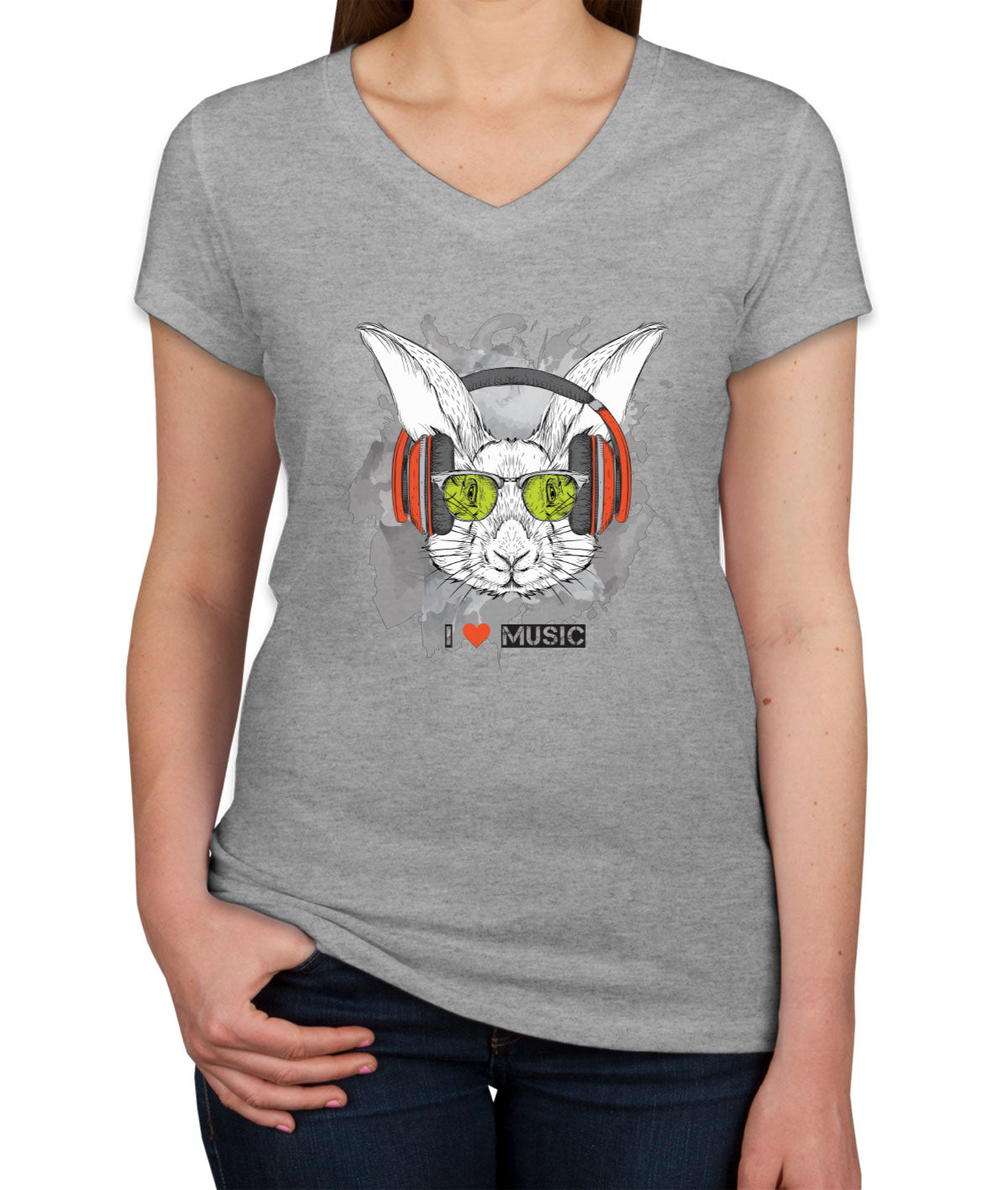 I Love Music Rabbit With Headphones Women's V Neck T-shirt