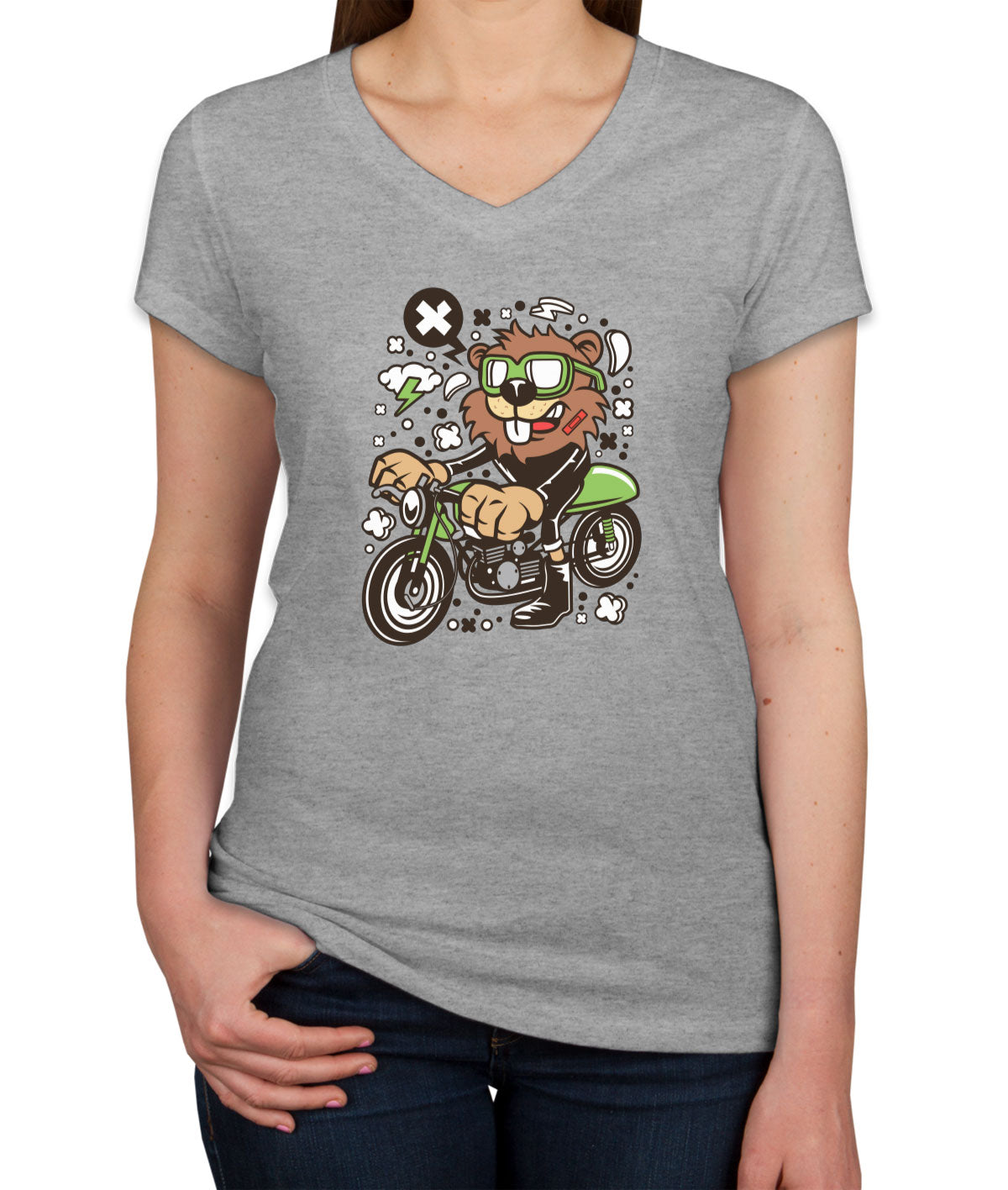 Racer Beaver Women's V Neck T-shirt