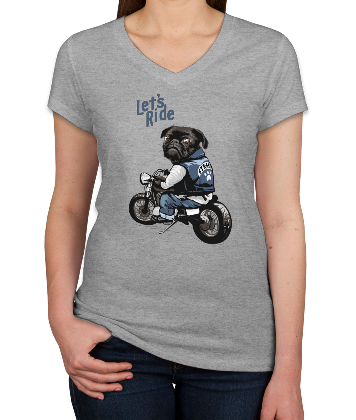 Pug Dog Riding Motorcycle Women's V Neck T-shirt