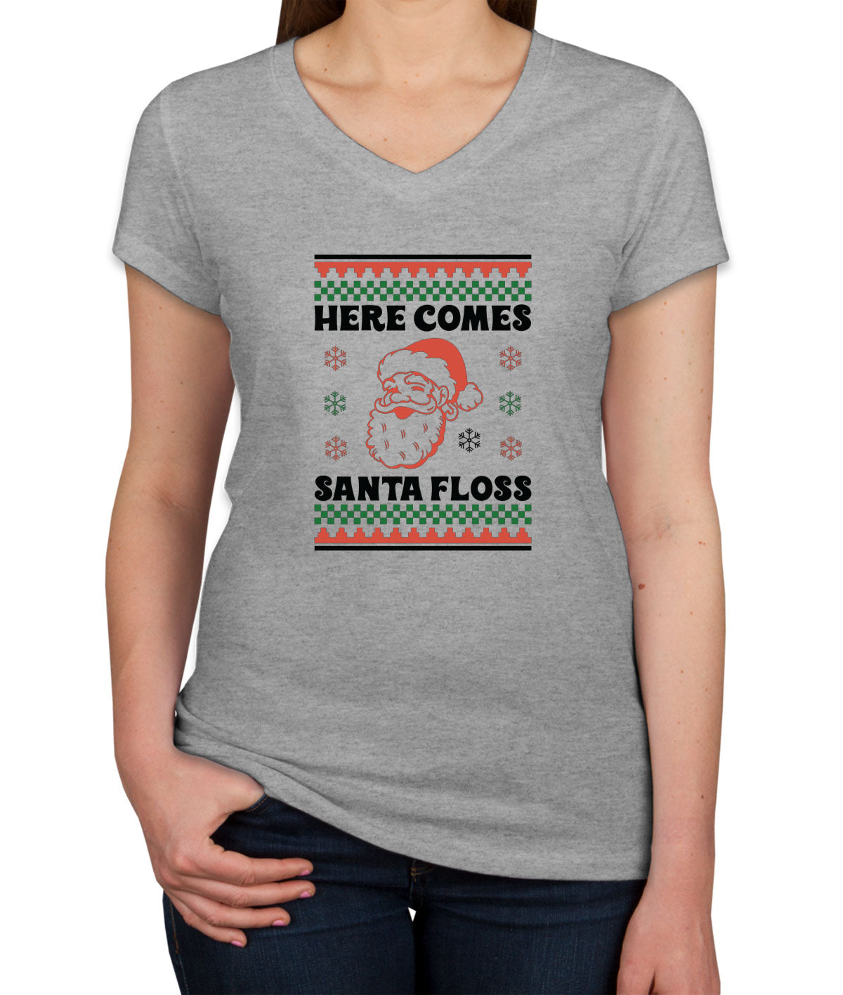 Here Comes Santa Floss Women's V Neck T-shirt