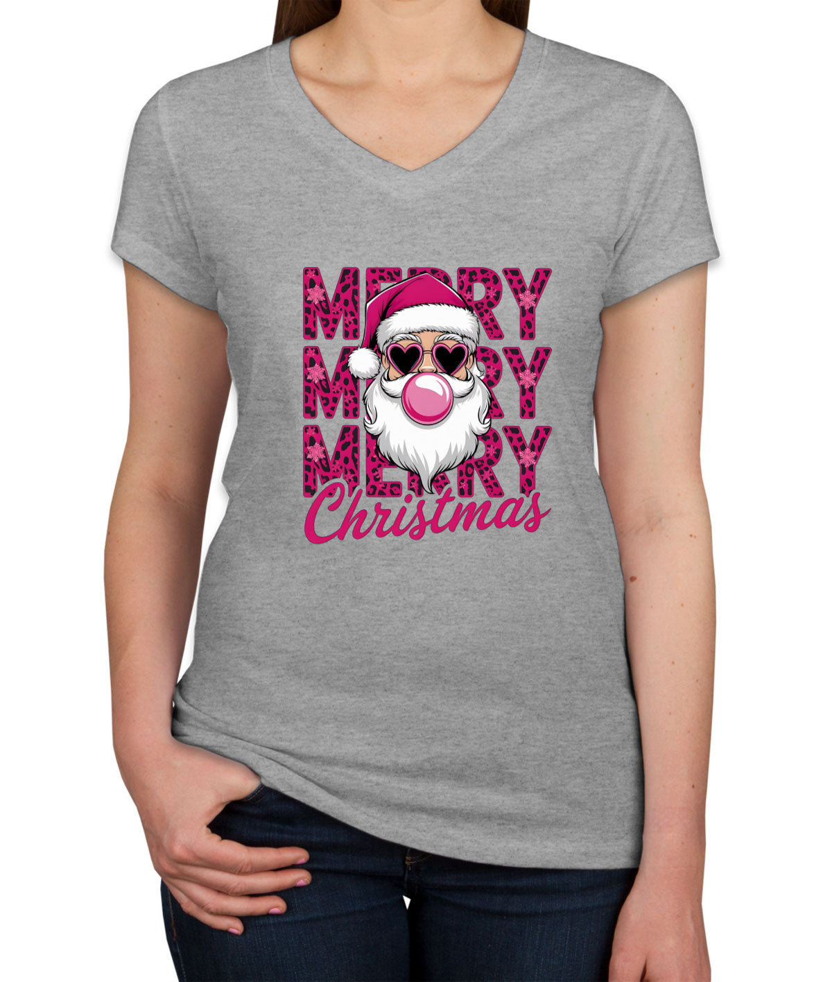 Santa Bubble Gum Merry Christmas Women's V Neck T-shirt