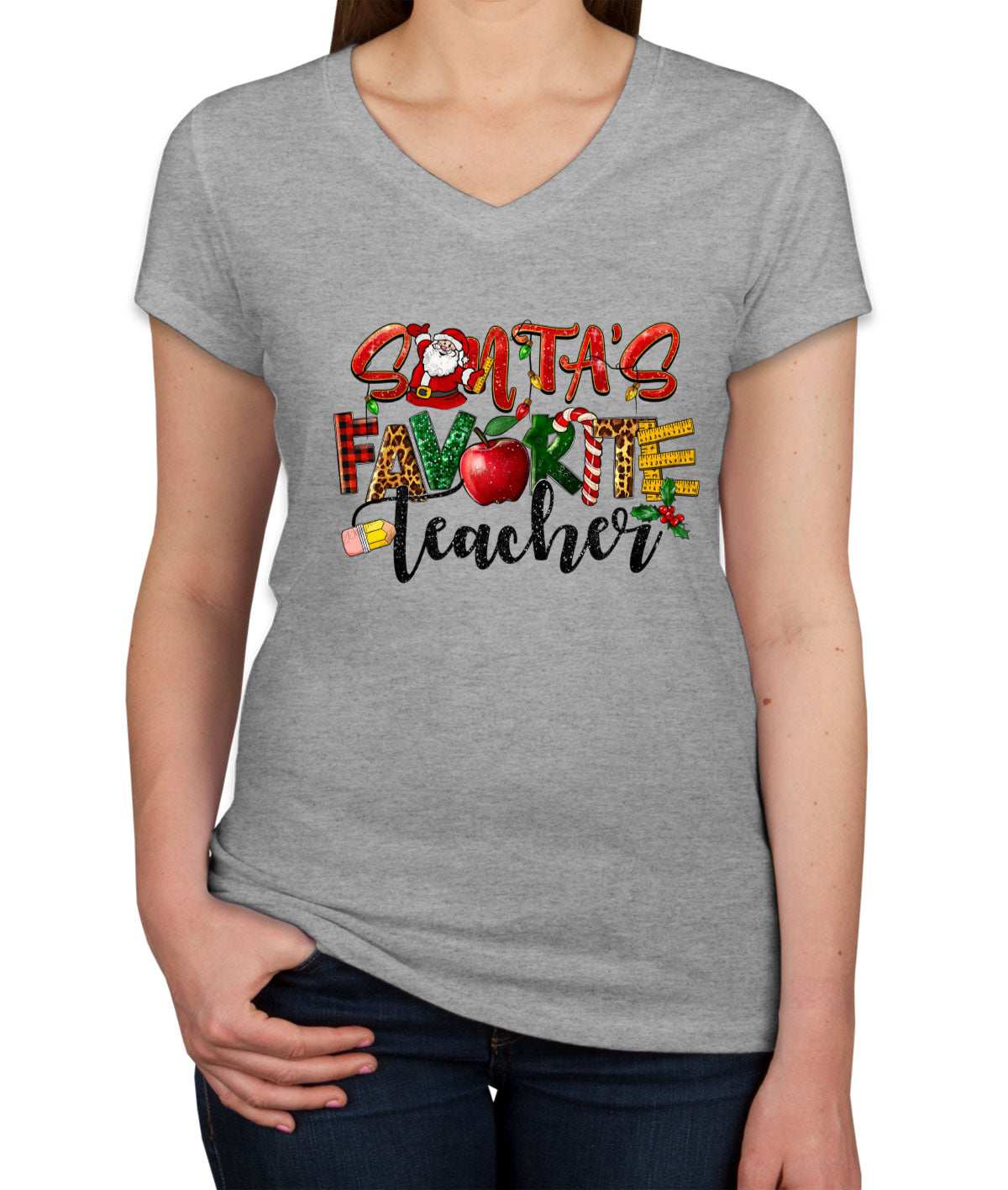 Santa's Favorite Teacher Women's V Neck T-shirt