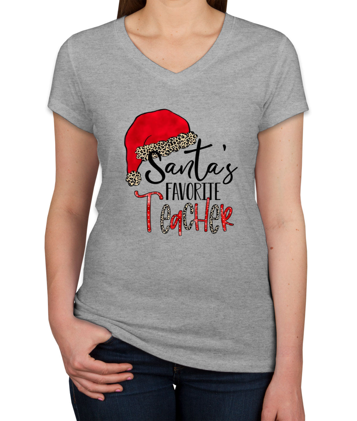 Santa's Favorite Teacher Women's V Neck T-shirt
