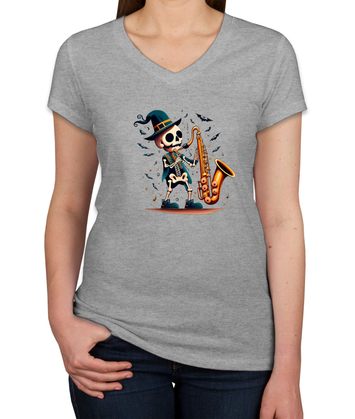 Skeleton Playing Saxophone Women's V Neck T-shirt