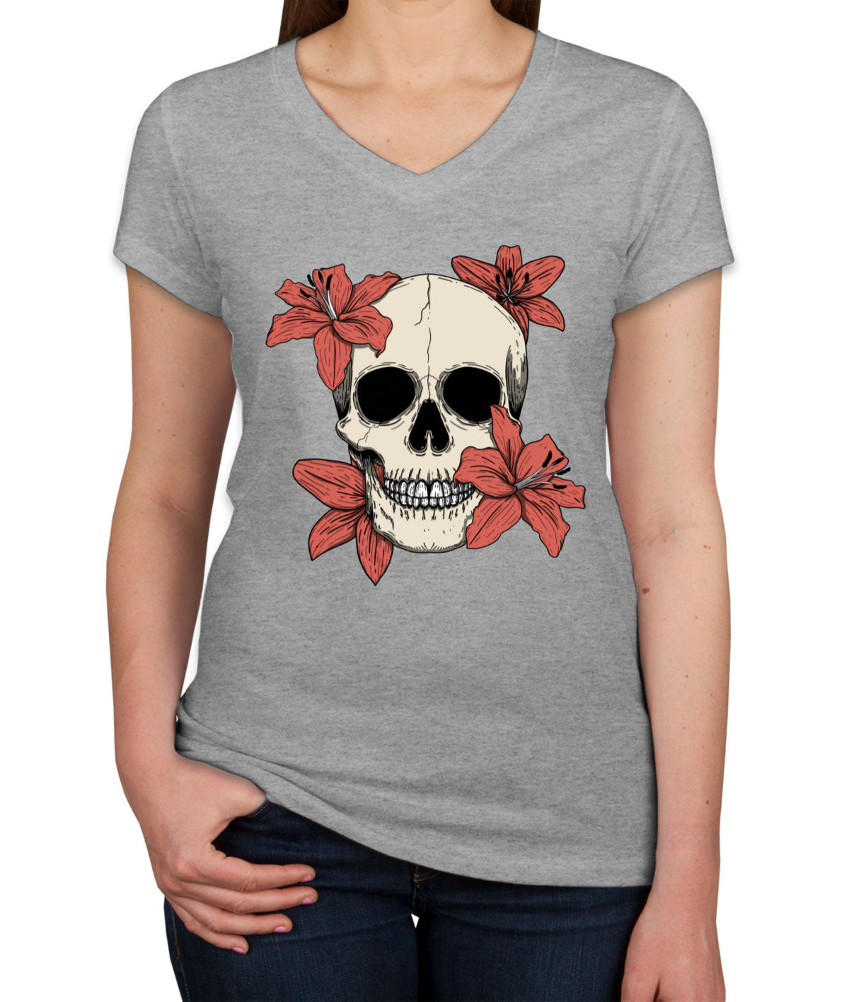 Skull With Flowers Women's V Neck T-shirt