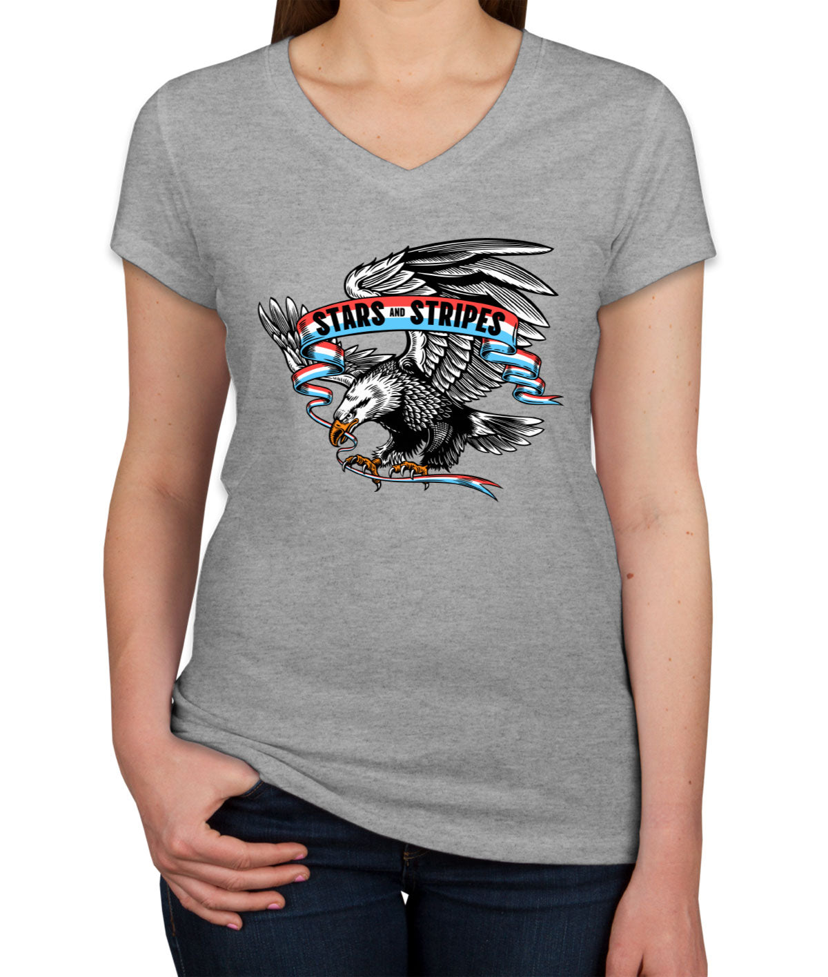 Stars And Stripes American Eagle Patriotic Women's V Neck T-shirt