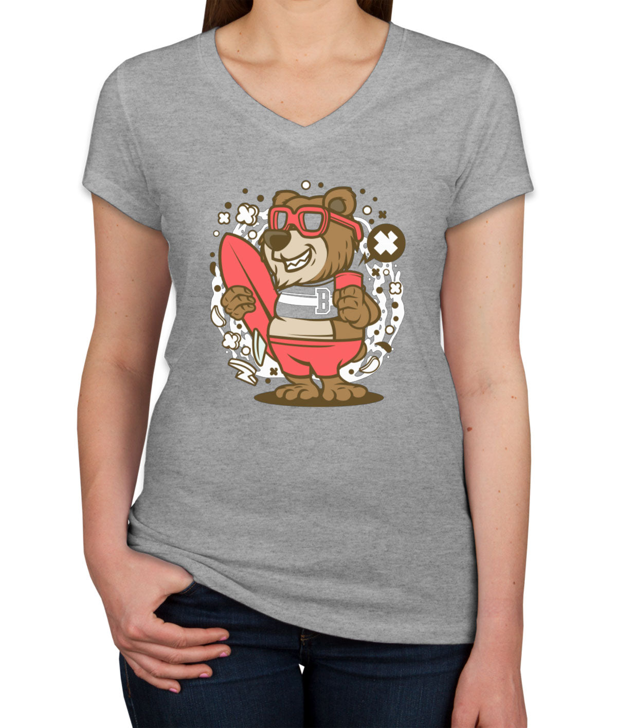 Surfer Bear Women's V Neck T-shirt