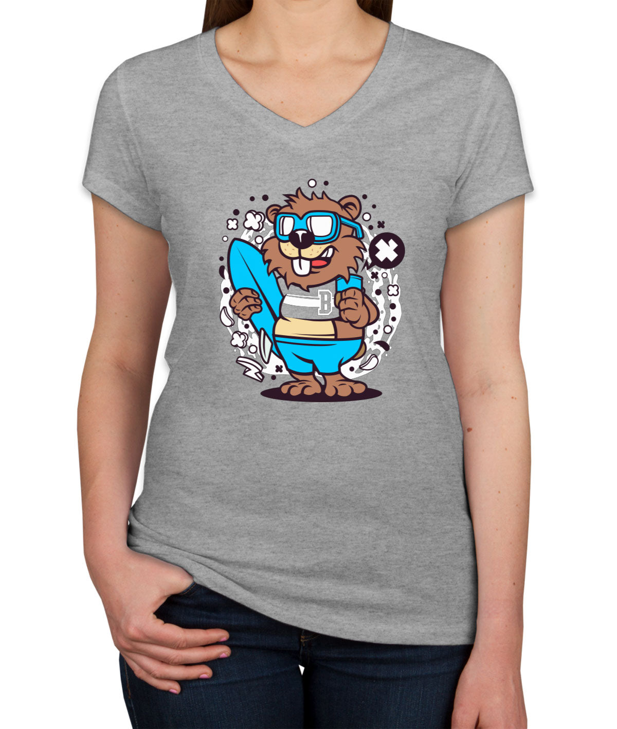 Surfing Beaver Women's V Neck T-shirt