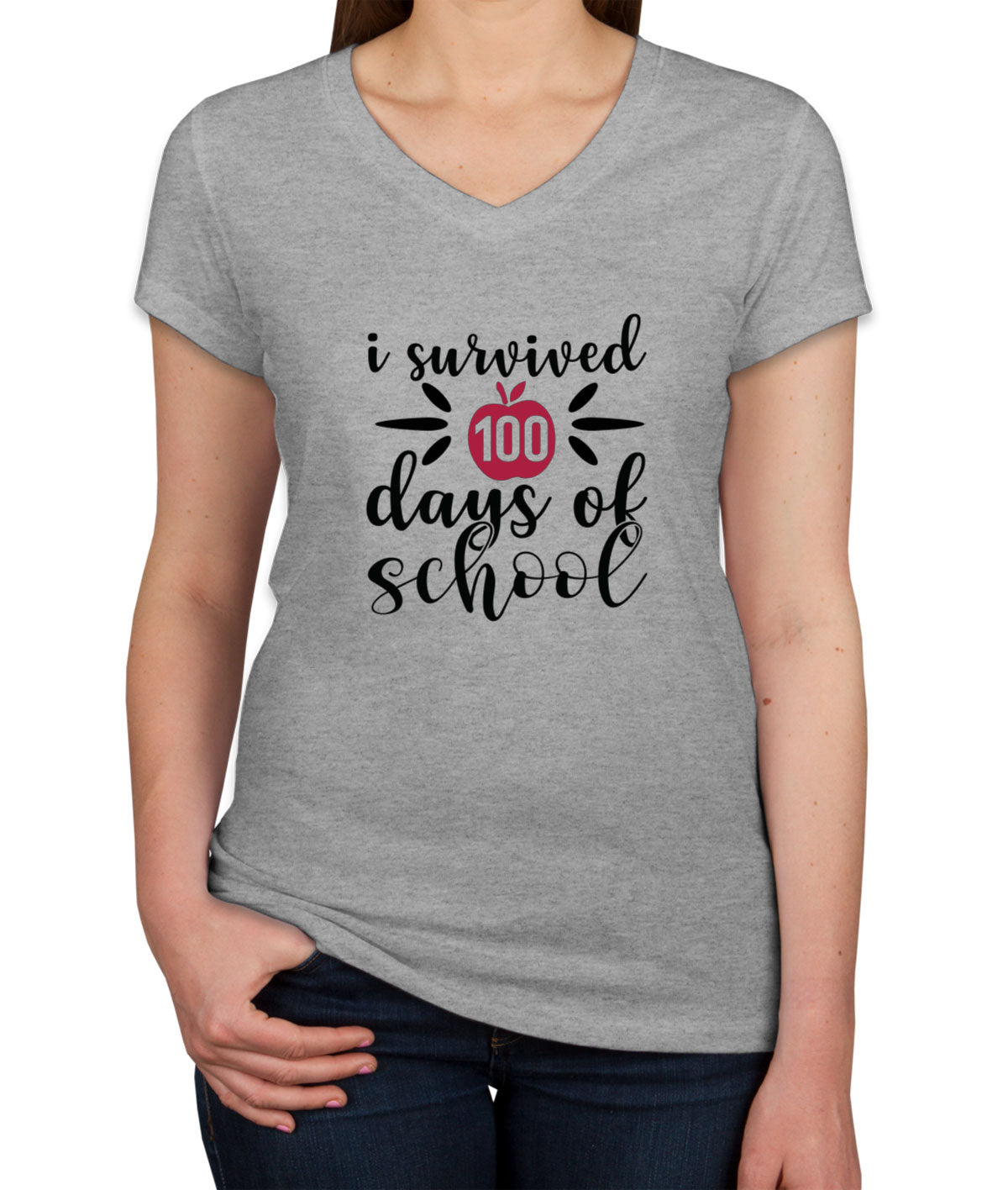 I Survived 100 Days Of School Teacher Women's V Neck T-shirt