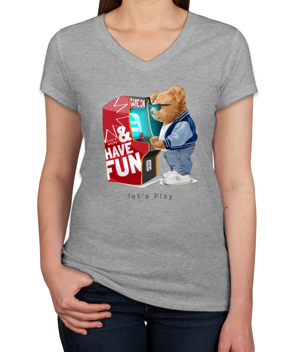 Teddy Bear Arcade Game Machine Women's V Neck T-shirt