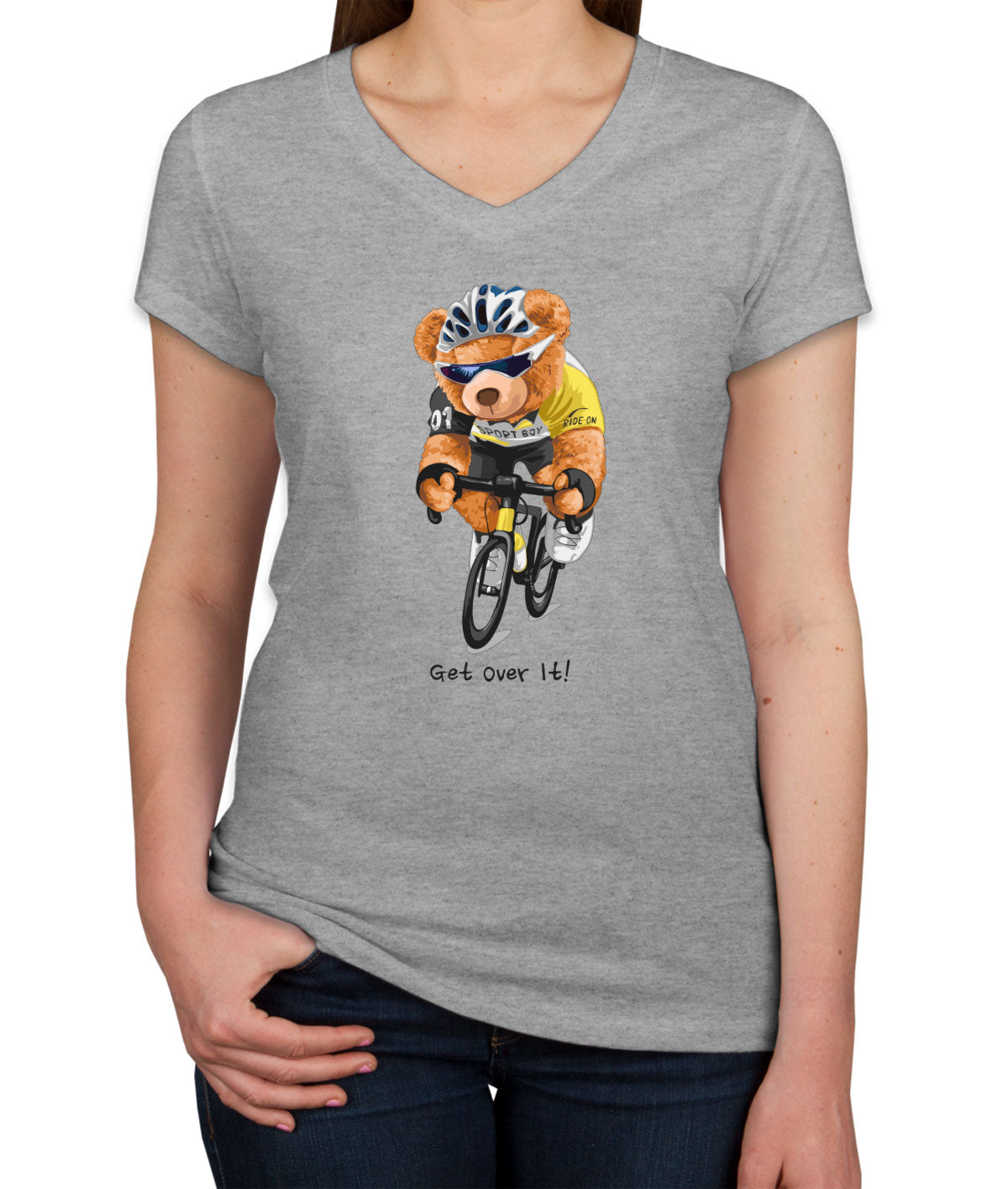 Teddy Bear Biker Get Over It Women's V Neck T-shirt