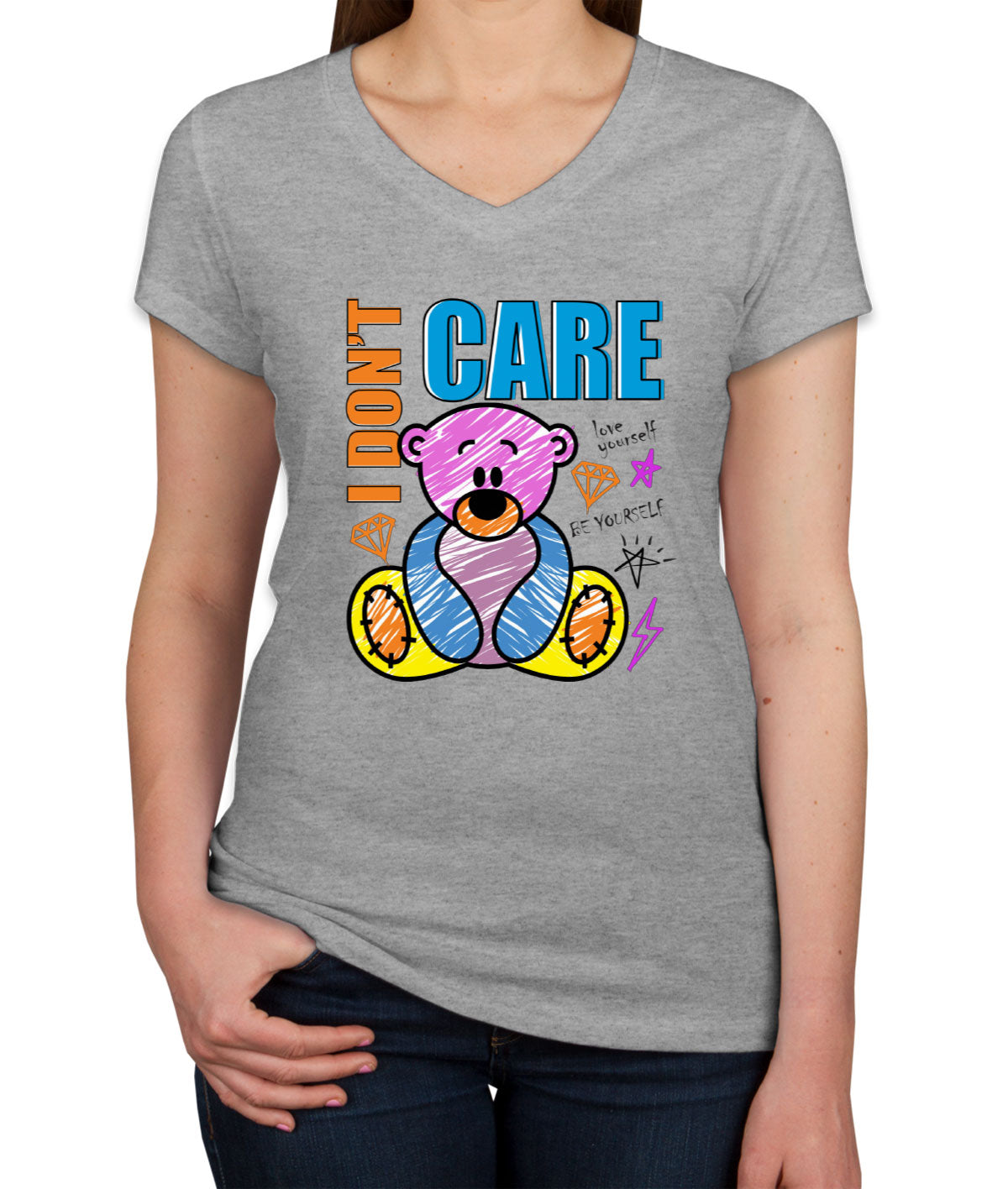 Teddy Bear I Don't Care Women's V Neck T-shirt