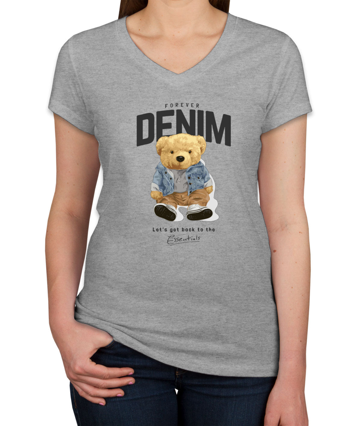 Teddy Bear Forever Denim Women's V Neck T-shirt