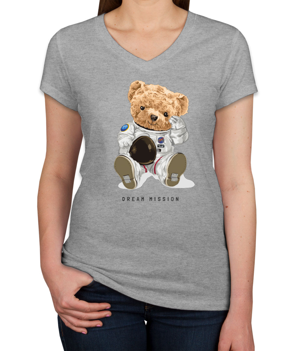 Teddy Bear Astronaut Dream Mission Women's V Neck T-shirt