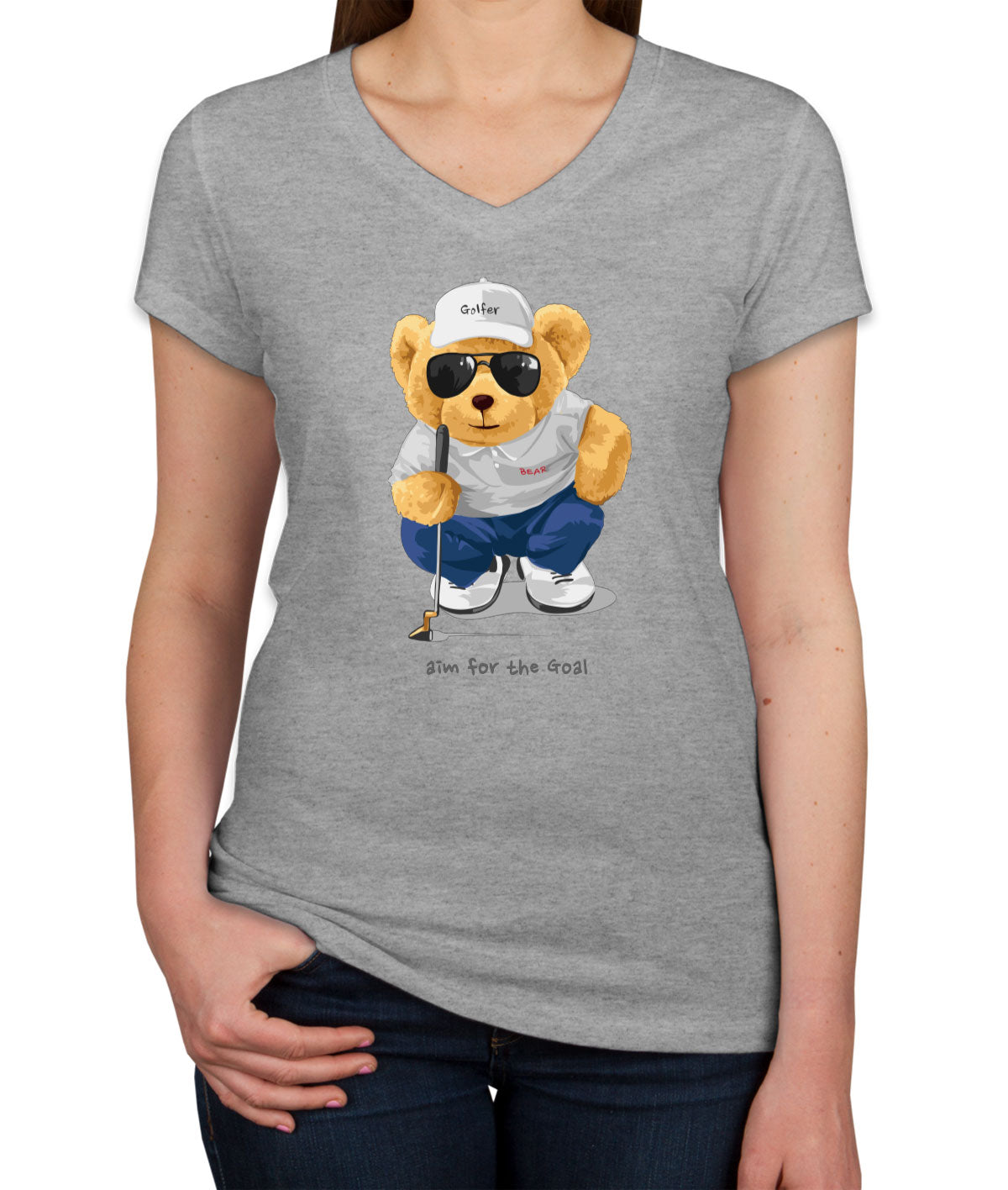 Teddy Bear Golfer Women's V Neck T-shirt