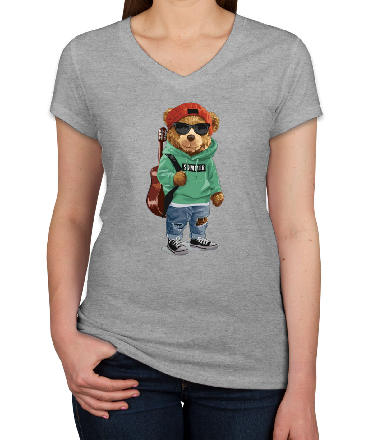 Teddy Bear Musician Women's V Neck T-shirt