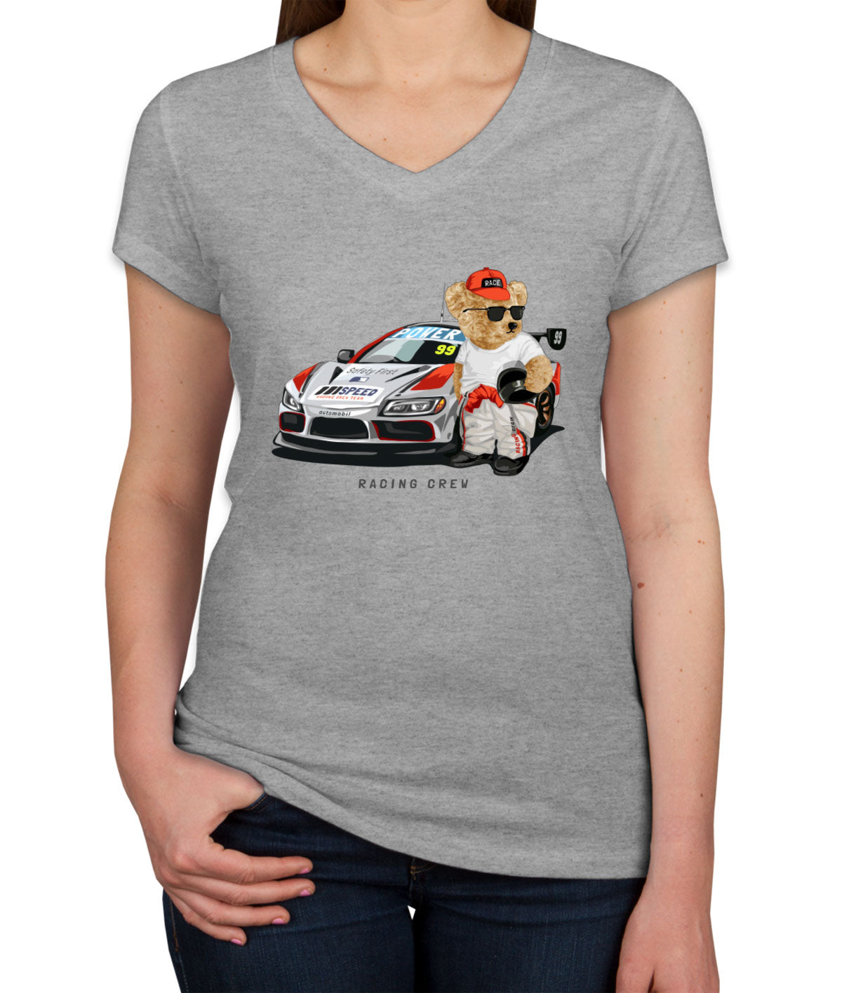 Teddy Bear Racing Crew V Neck T-shirt