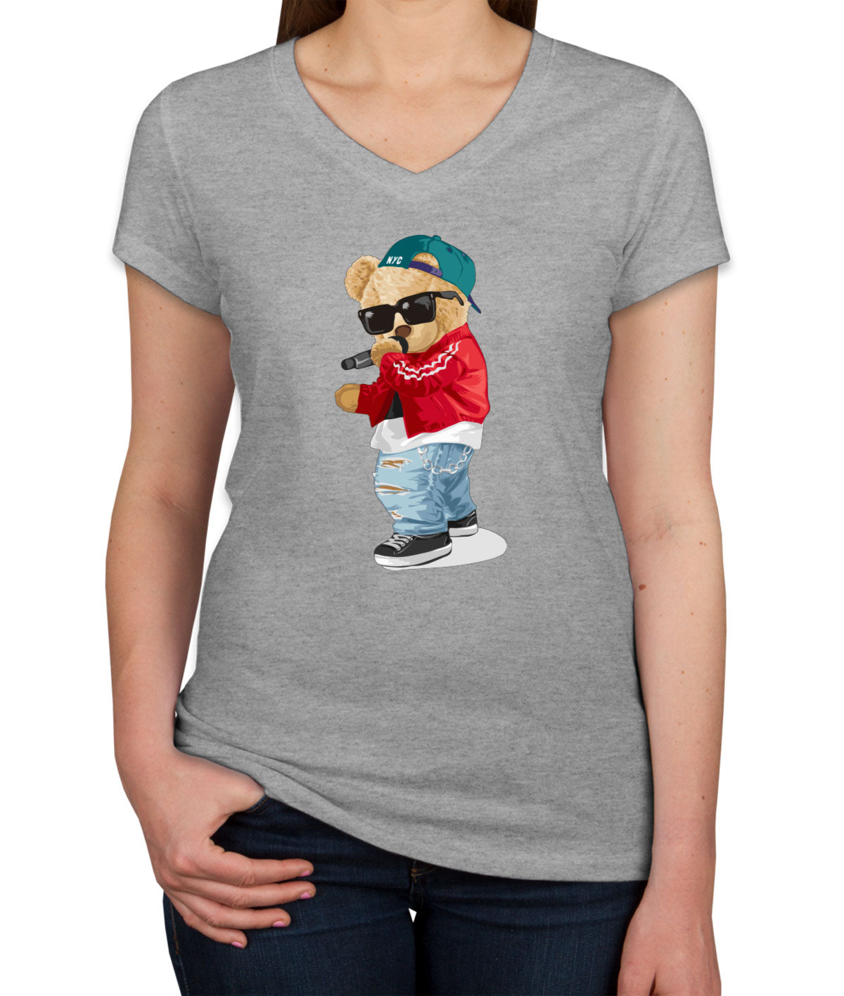 Teddy Bear Rapper Women's V Neck T-shirt