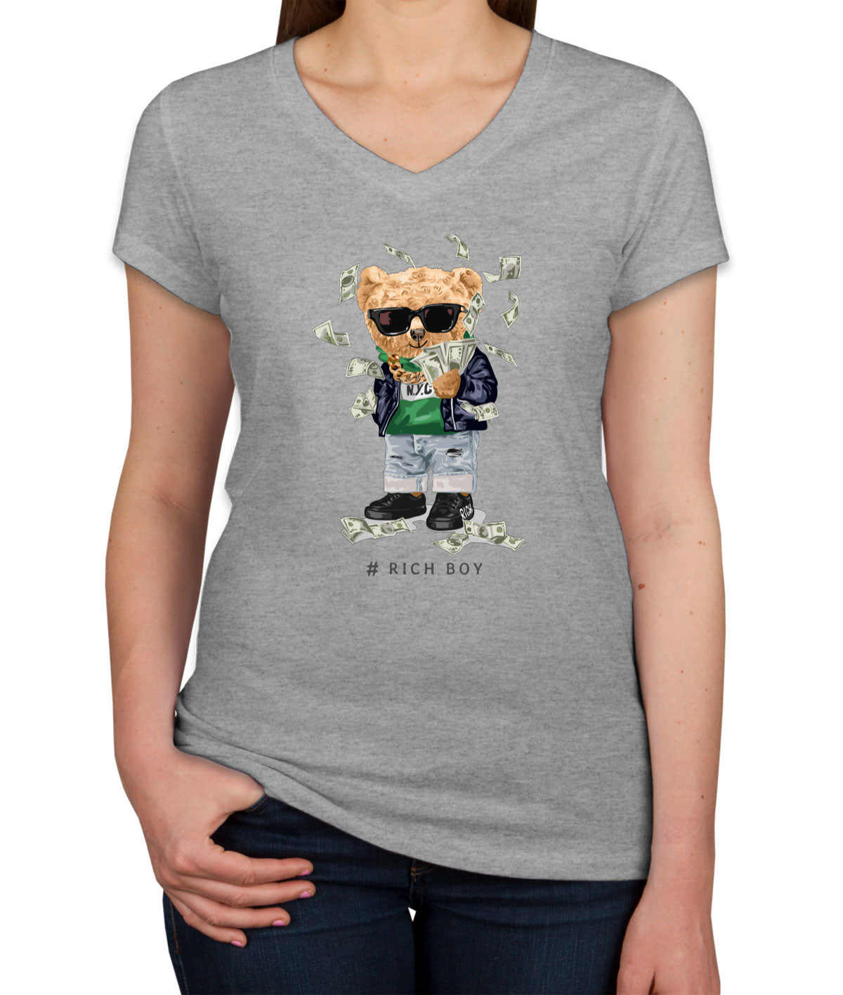 Teddy Bear Rich Boy Women's V Neck T-shirt