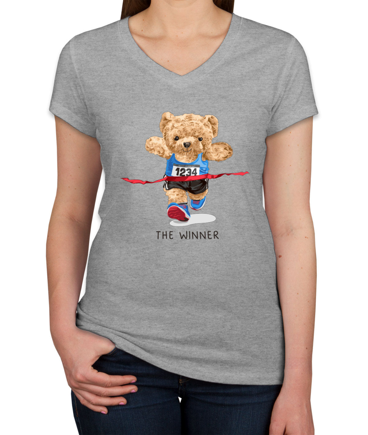 Teddy Bear Runner Women's V Neck T-shirt