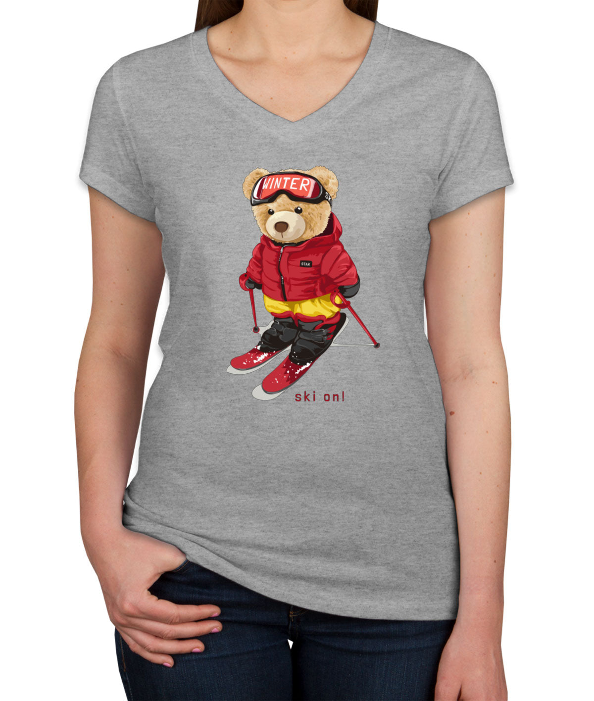 Teddy Bear Snowboarding Women's V Neck T-shirt