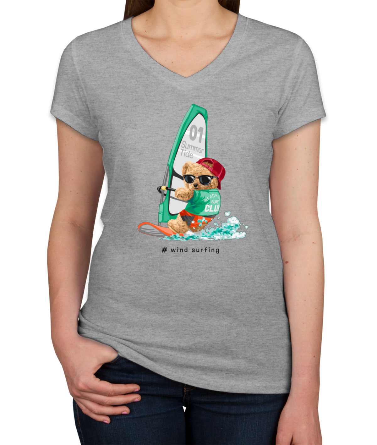 Teddy Bear Surfing Women's V Neck T-shirt