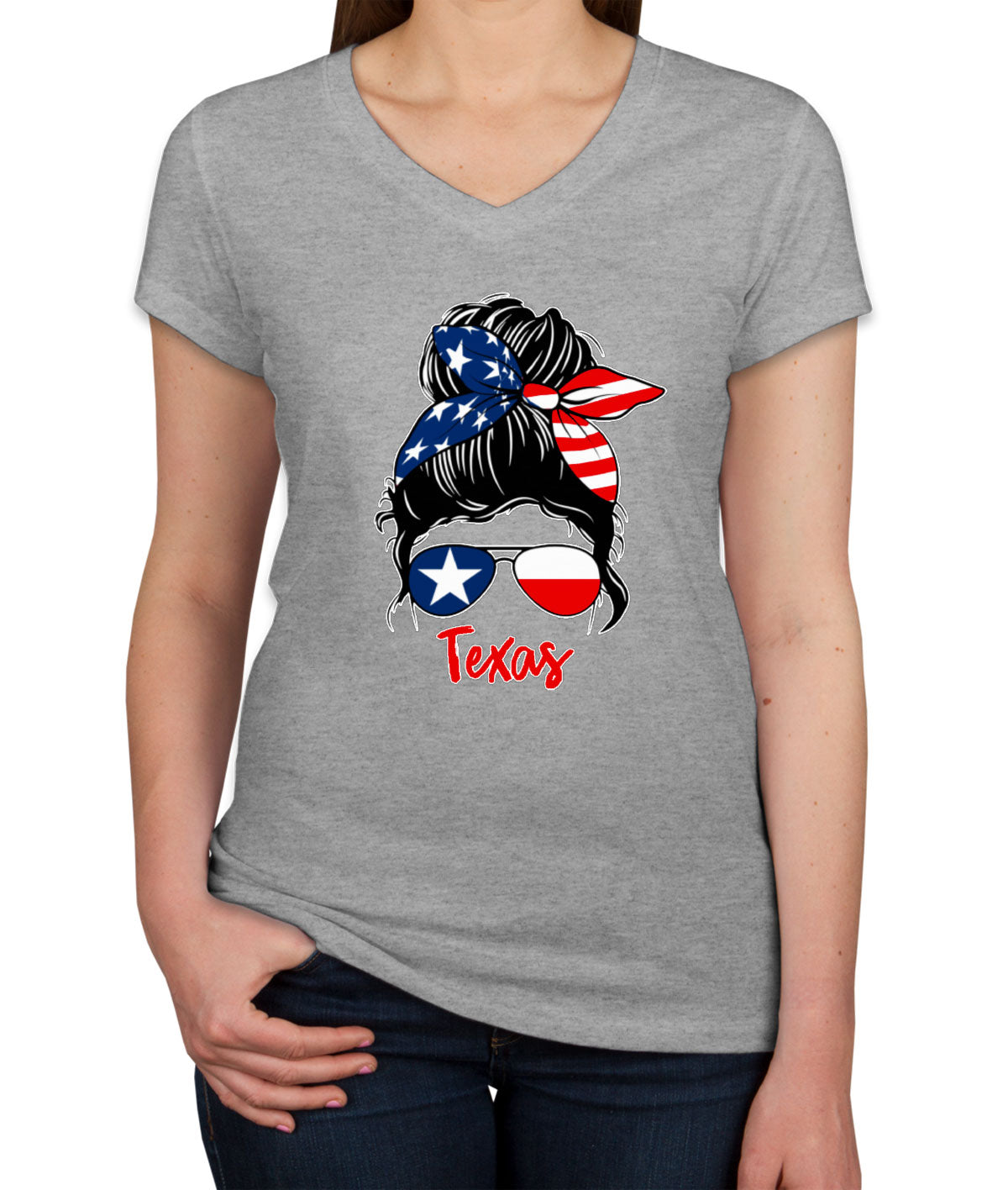 Texas Messy Bun Patriotic Women's V Neck T-shirt