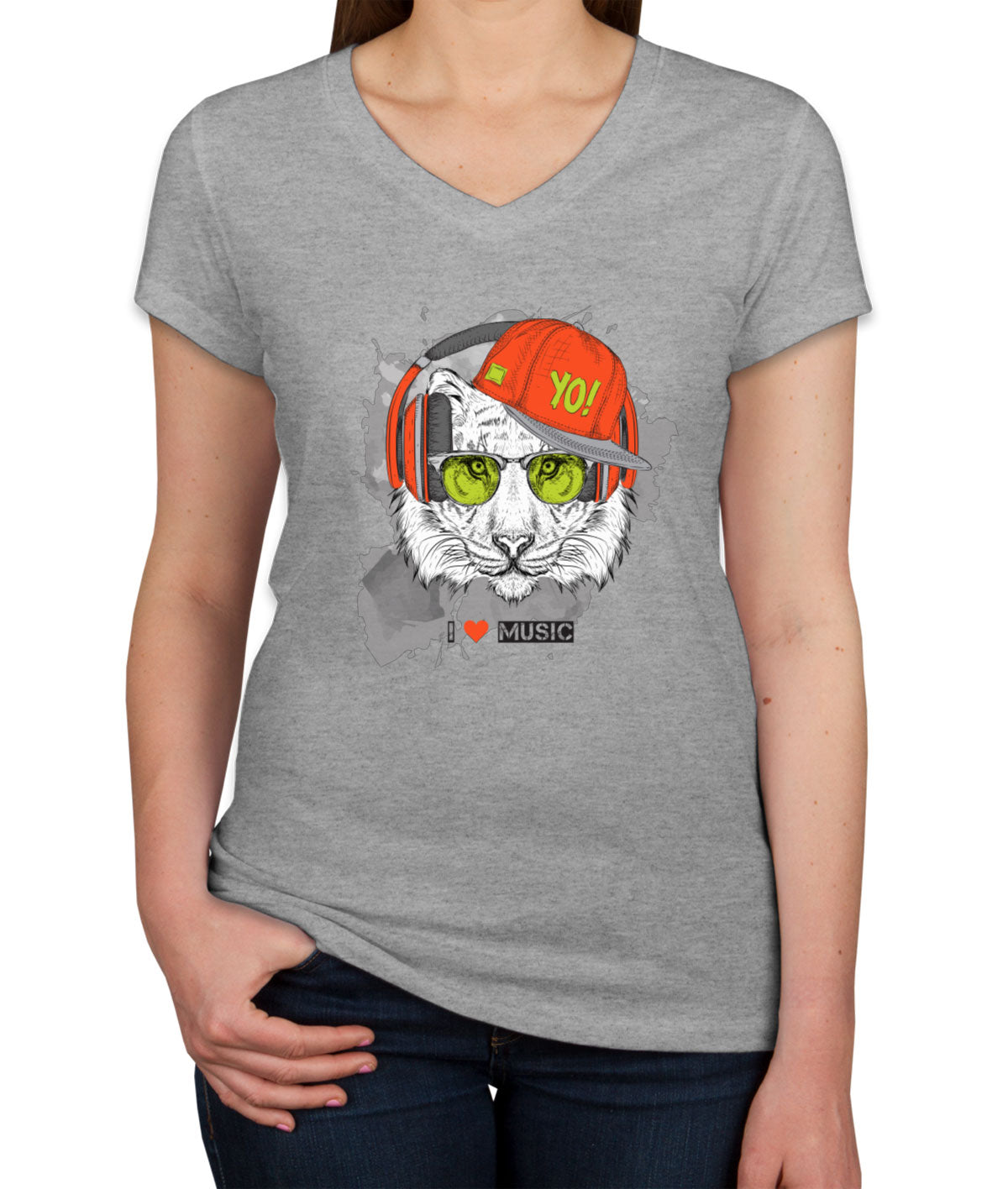 I Love Music Tiger With Headphones Women's V Neck T-shirt