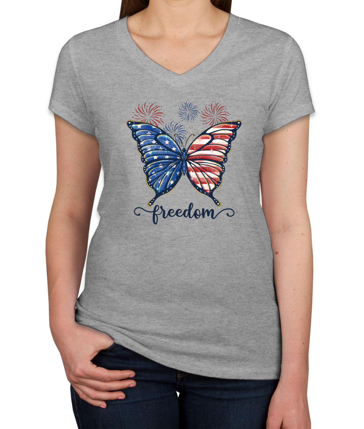 Freedom Butterfly USA Patriotic Women's V Neck T-shirt