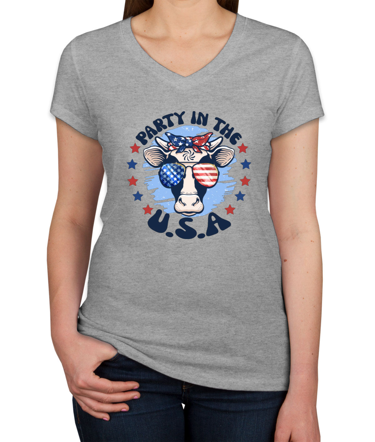 Party In The USA Patriotic American Cow Women's V Neck T-shirt