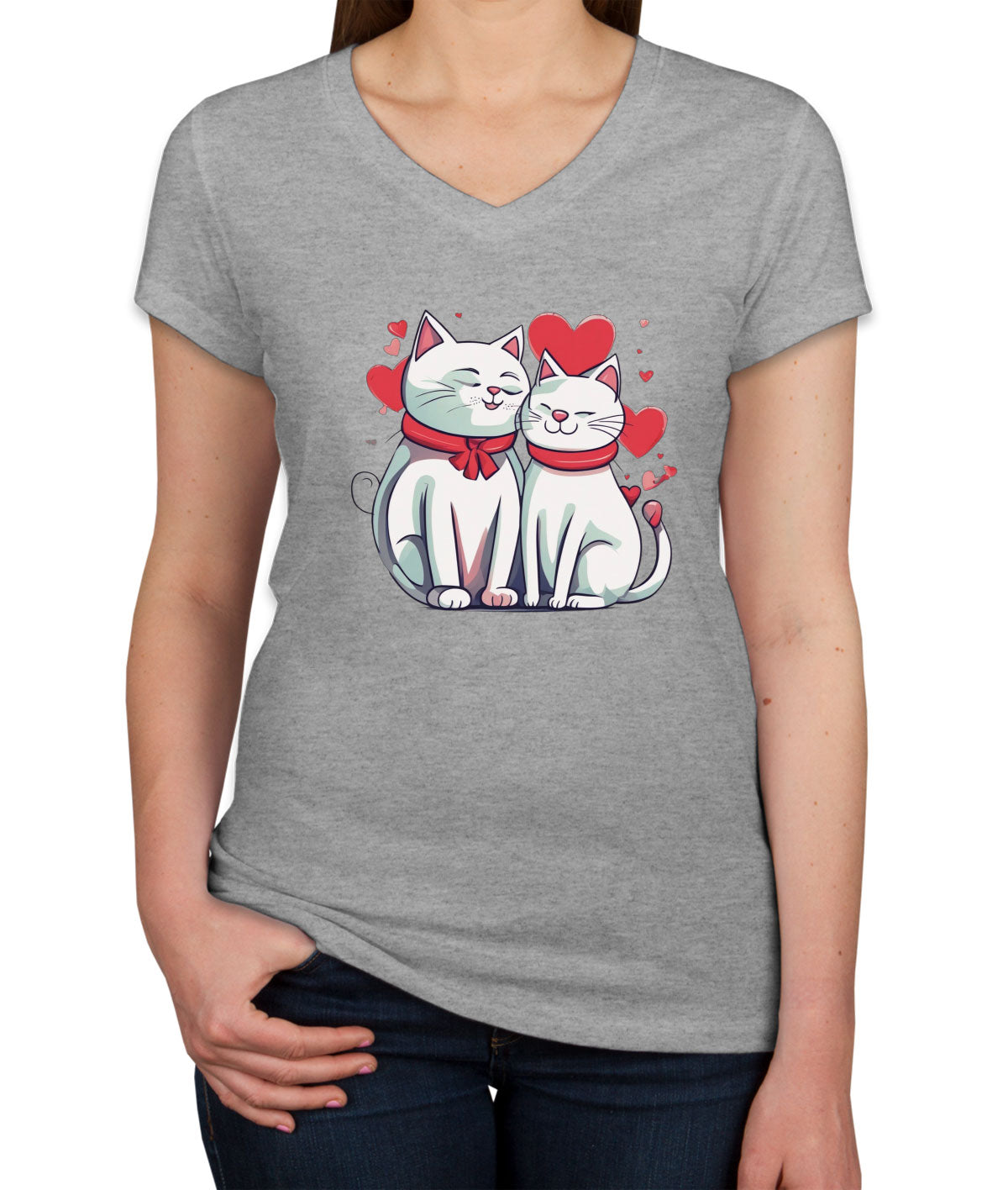 Cute Cat Couples Valentine's Day Women's V Neck T-shirt