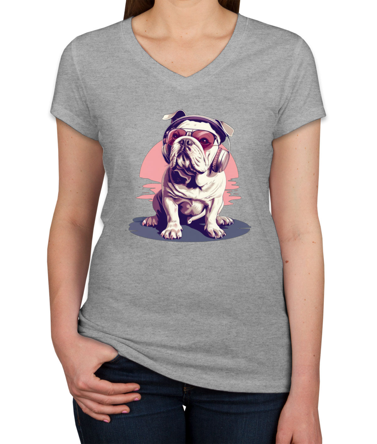 Vintage Bulldog With Headphone And Sunglasses Women's V Neck T-shirt