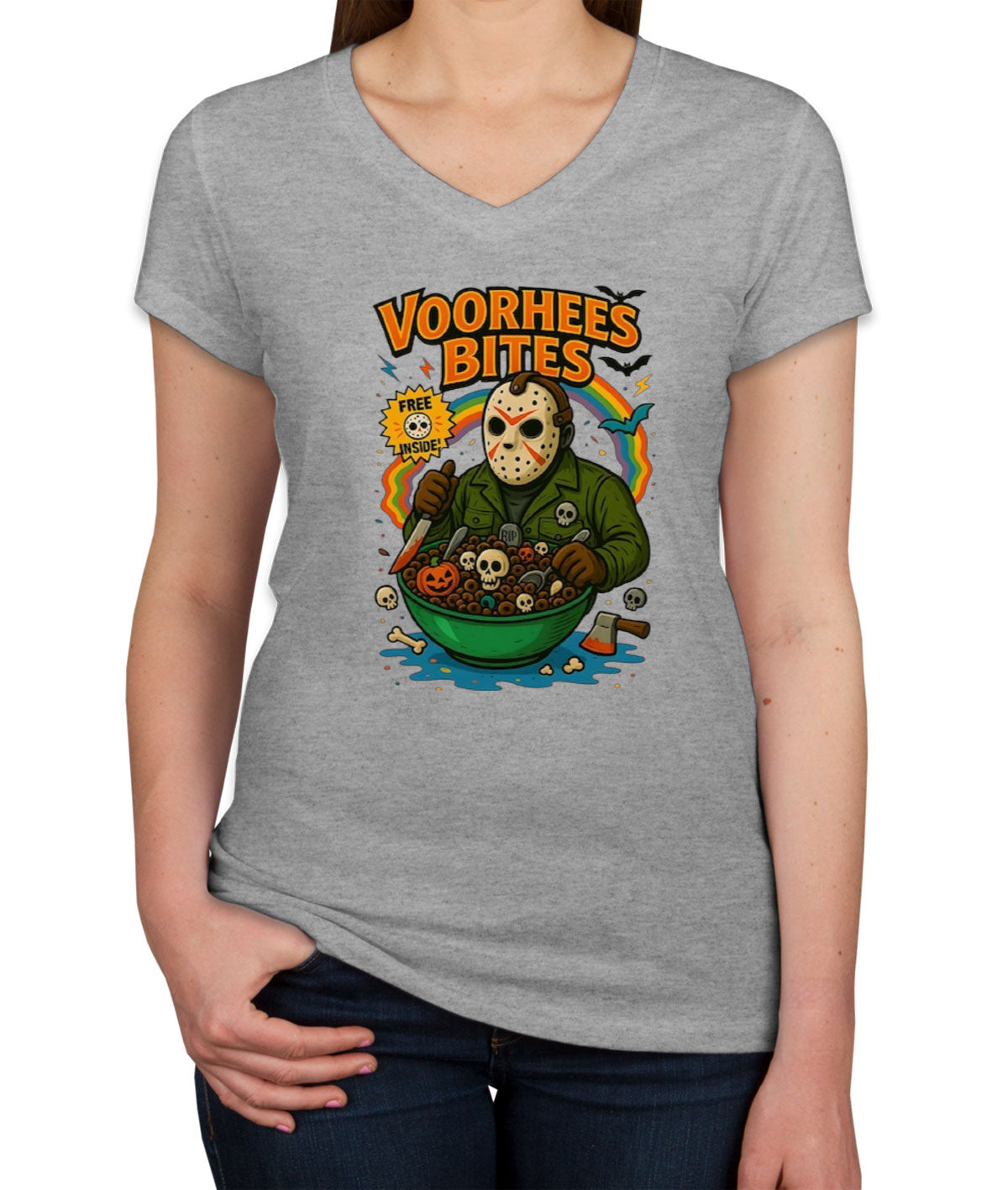 Voorhees Bites Halloween Women's V Neck T-shirt