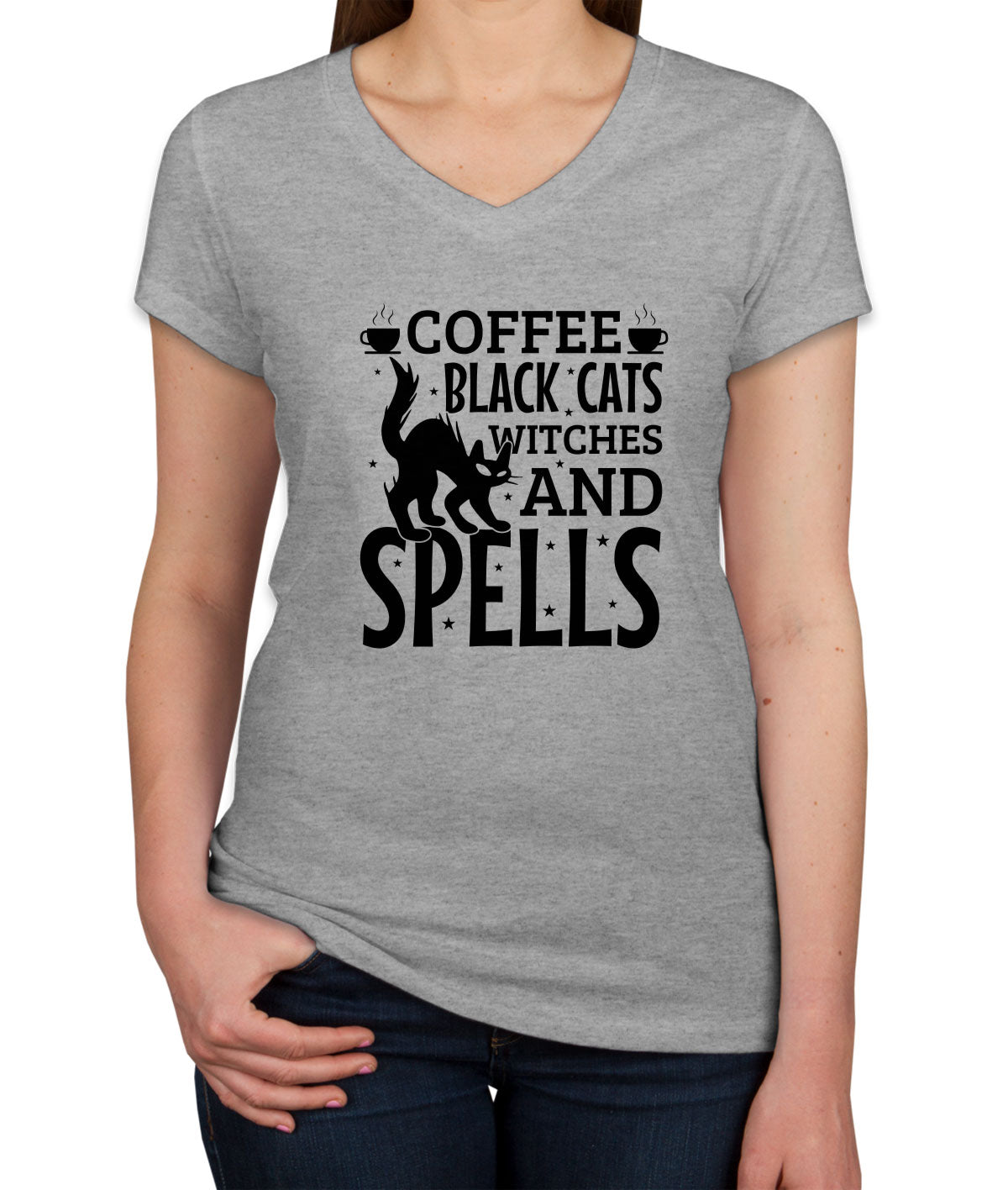 Coffee Black Cats Witches And Spells Halloween Women's V Neck T-shirt