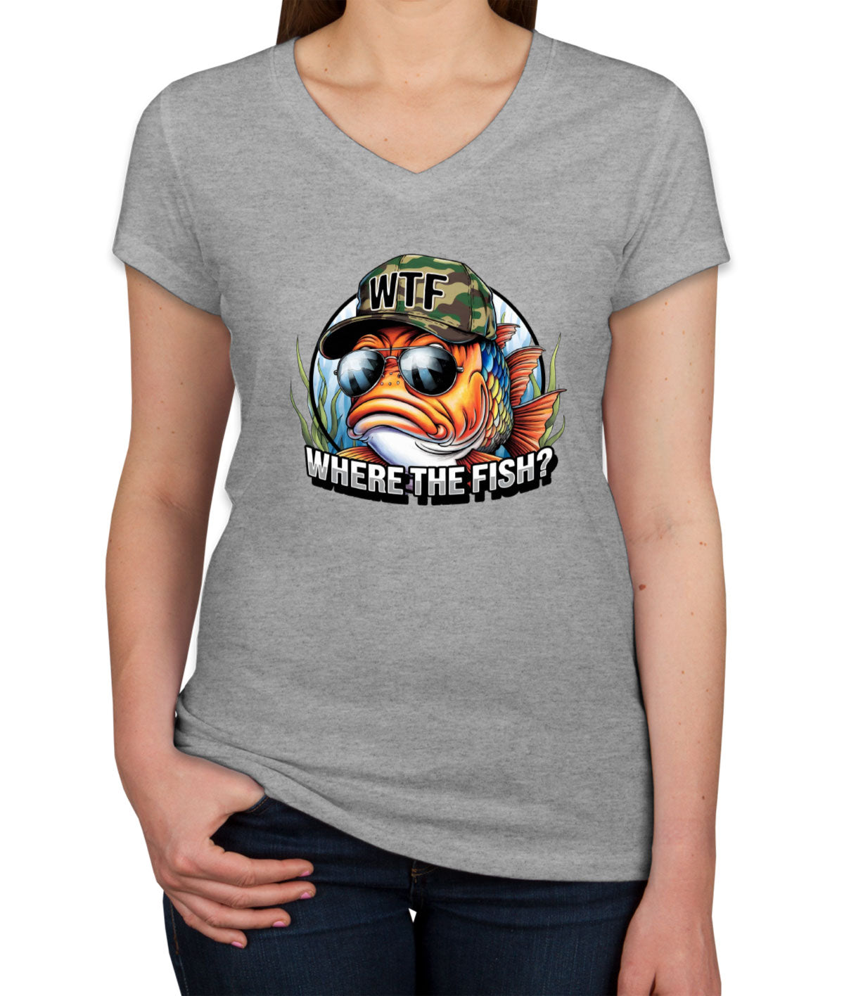 WTF Where The Fish Hunting Bass Fishing Women's V Neck T-shirt