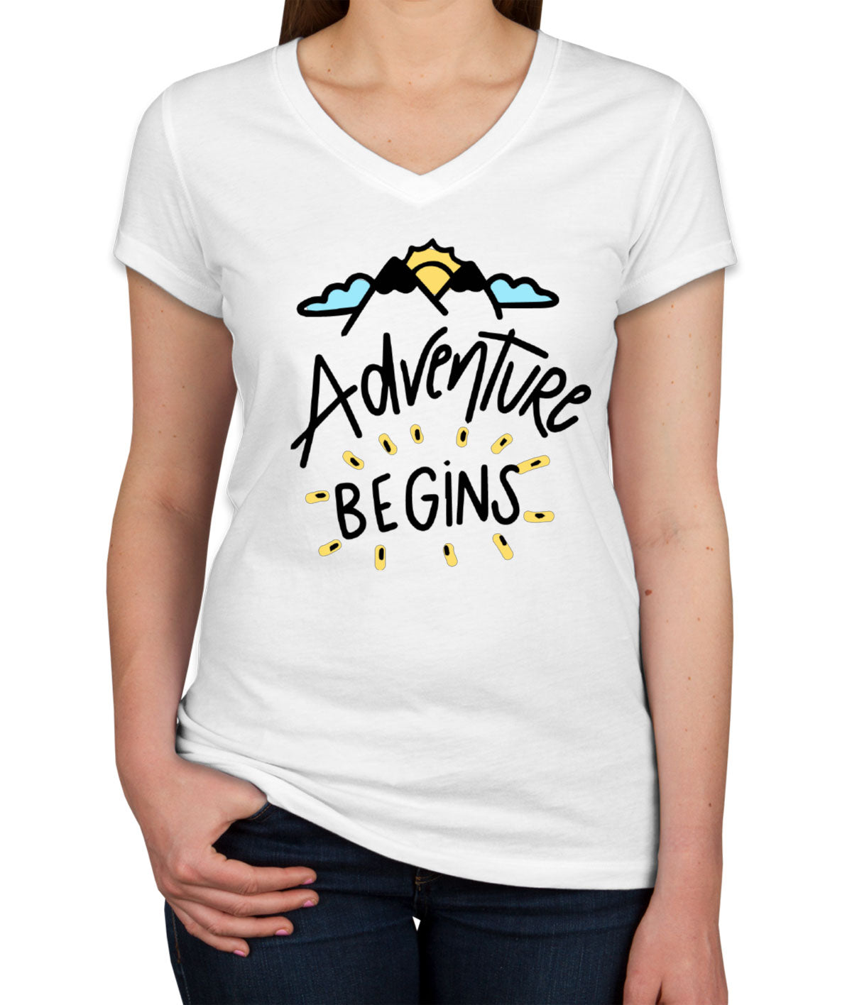 Adventure Begins Camping Women's V Neck T-shirt