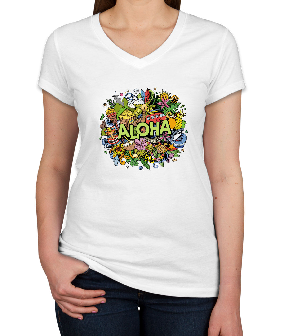 Aloha Hawaii Doodle Women's V Neck T-shirt