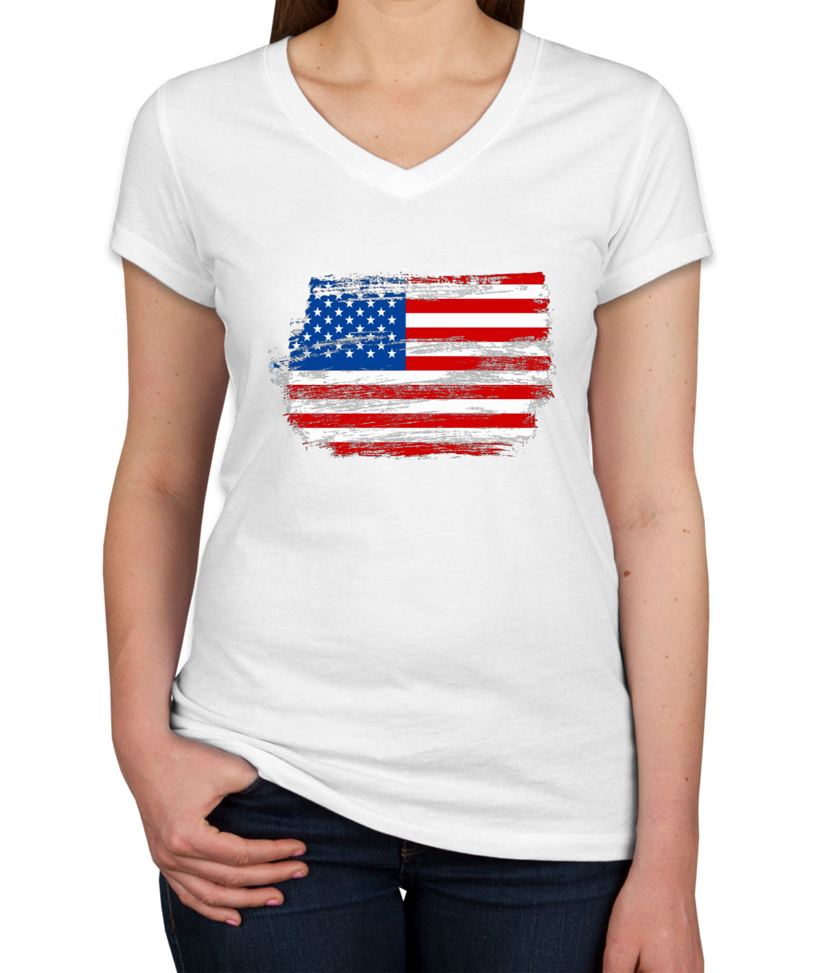 Distressed USA American Flag Women's V Neck T-shirt