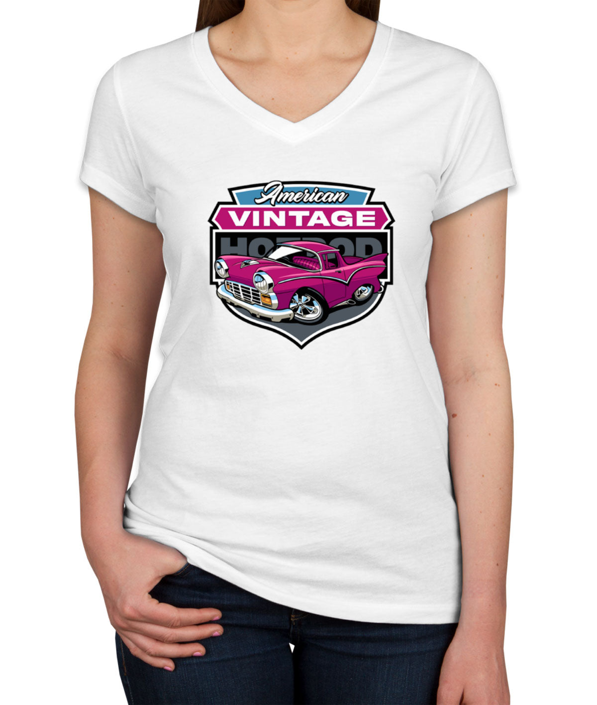 American Vintage Hotrod Car Women's V Neck T-shirt