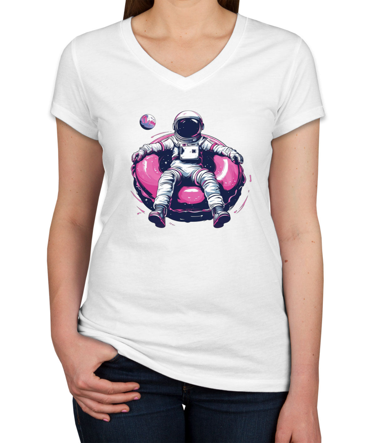 Astronaut On A Pink Float Women's V Neck T-shirt