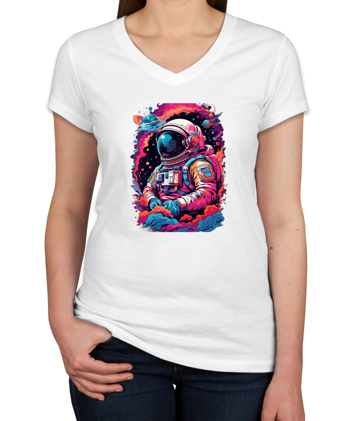 Illustration Colorful Astronaut in the Galaxy Women's V Neck T-shirt