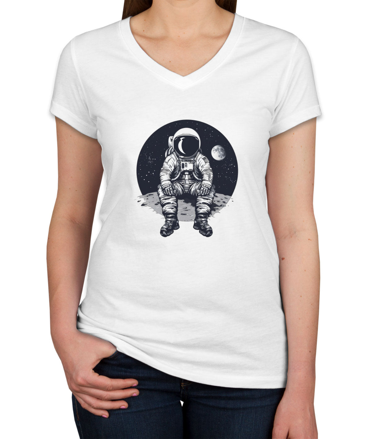 Astronaut Sitting On Moon Women's V Neck T-shirt