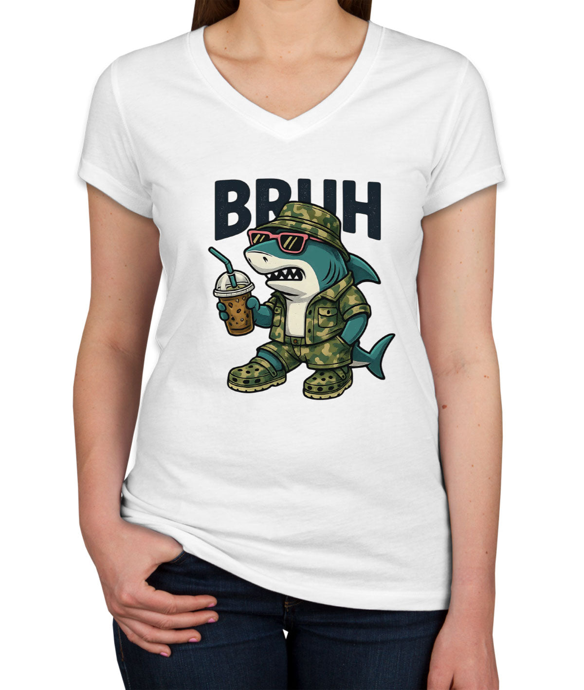 Camo Shark Bruh Hunting Women's V Neck T-shirt